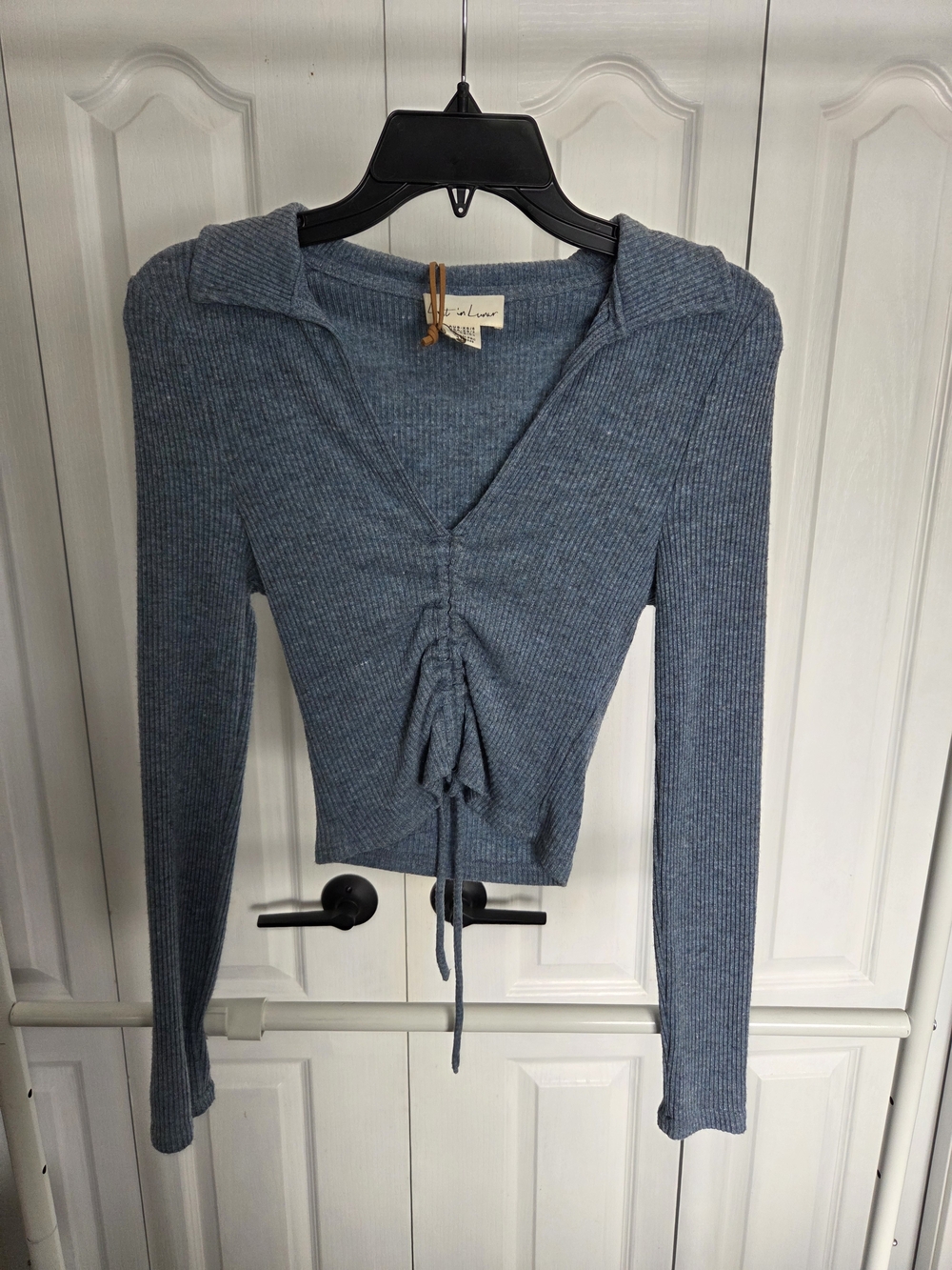 Drawstring V‑Neck Ribbed Long Sleeve Top in Slate Blue